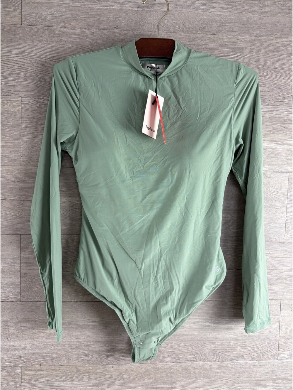 POPILUSH Shapewear Long Sleeve Mock Neck Zip Sculpting Breast Pads Green Size L